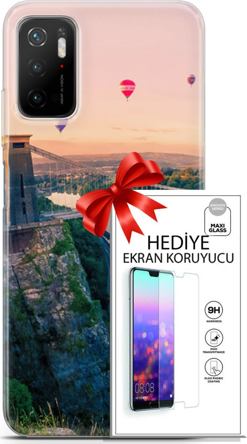 Xiaomi Poco M3 Pro 5G Kılıf Orijinal Seri Fantasy 07 Köprü Balonlar Desenli Kılıf + Ön Ekran Koruyucu