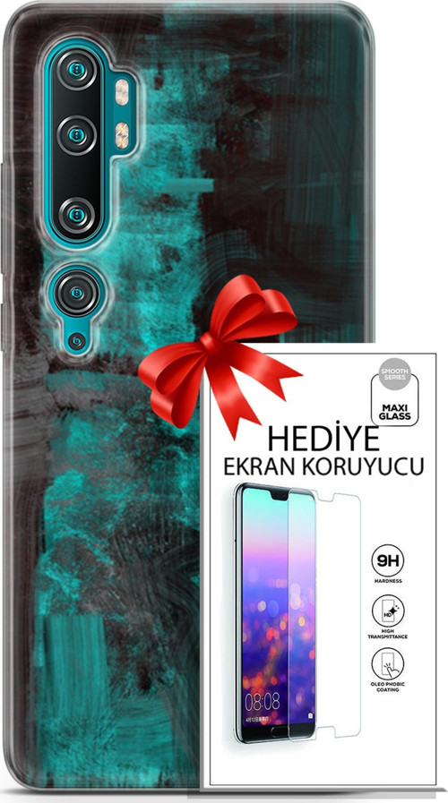Xiaomi Mi Note 10 Kılıf Orijinal Seri Nature 11 Yeşil Siyah 4K Baskılı Kılıf + Ekran Koruyucu Full Koruma