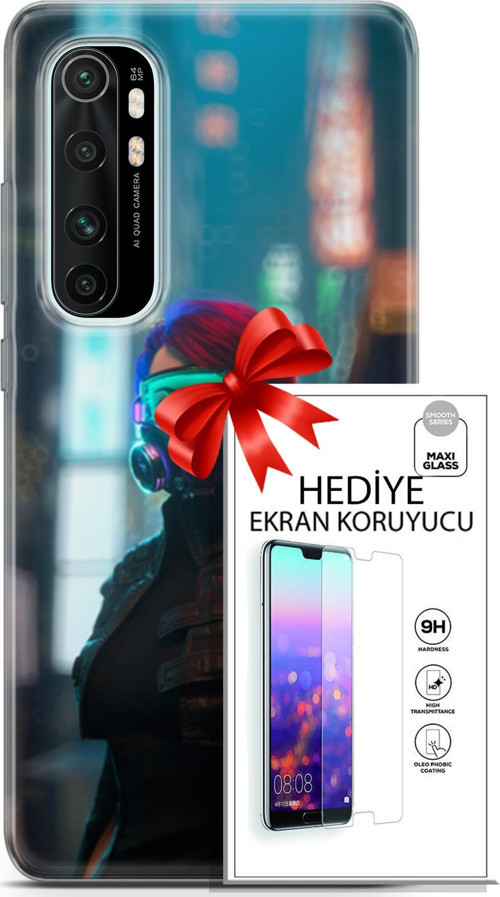 Xiaomi Mi Note 10 Lite Kılıf Orijinal Seri Cyberpunk 04 Vr Glass Silikon Kılıf + Ekran Koruyucu Full