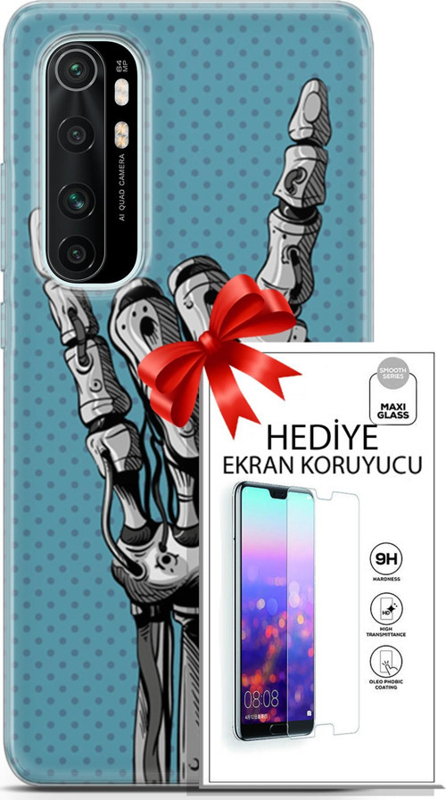 Xiaomi Mi Note 10 Lite Kılıf Orijinal Seri Cyberpunk 07 Robot Eli Desenli Kılıf + Ön Ekran Koruyucu