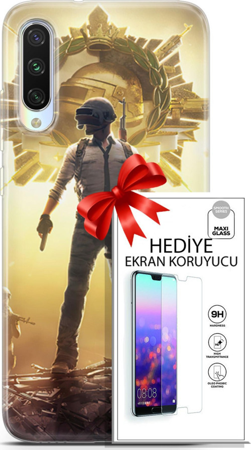 Xiaomi Mi A3 Kılıf Orijinal Seri Pubg 08 Kasklı Baskılı Kılıf + Ekran Koruyucu