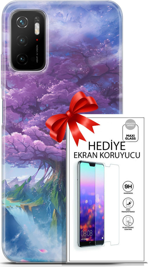 Xiaomi Poco M3 Pro 5G Kılıf Orijinal Seri Fantasy 27 Bahar Ağaç Lazer Kesim Silikon Ekran Koruyucu