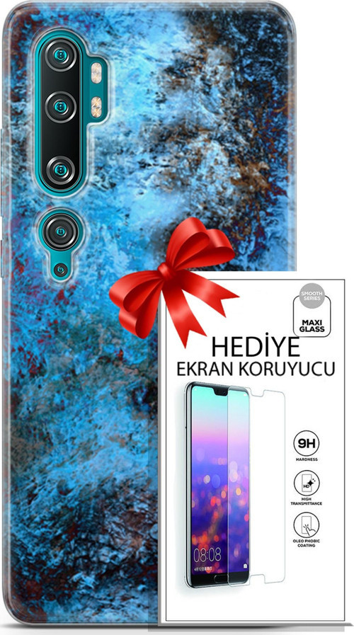 Xiaomi Mi Note 10 Kılıf Orijinal Seri Nature 27 Rengarenk Lazer Kesim Silikon Ekran Koruyucu