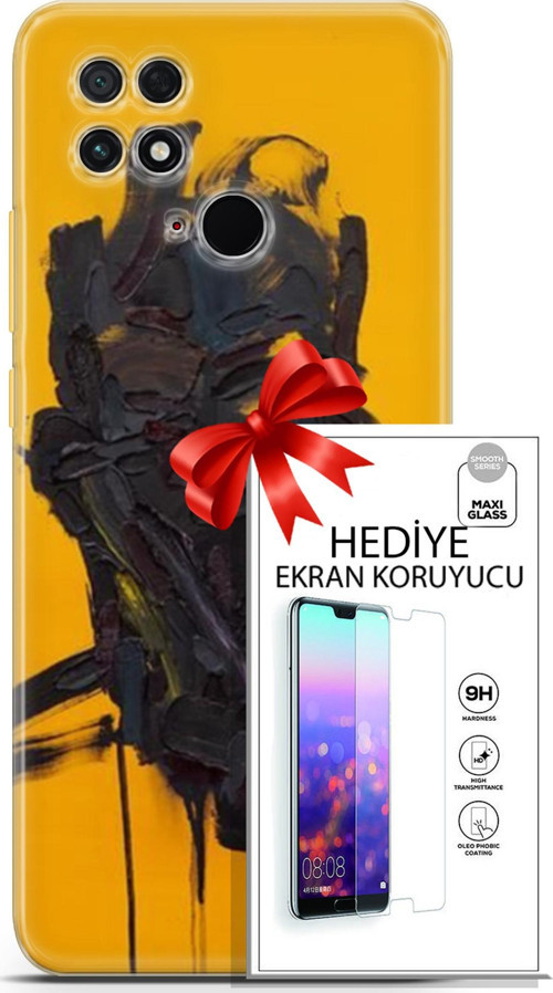 Xiaomi Poco C40 Kılıf Orijinal Seri Soul 07 Sarı Siyah Desenli Kılıf + Ön Ekran Koruyucu