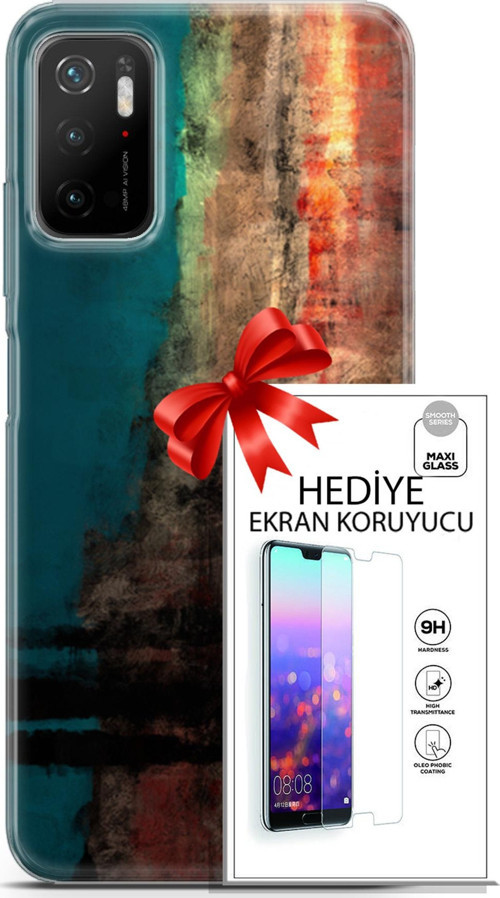 Xiaomi Poco M3 Pro 5G Kılıf Orijinal Seri Nature 03 Yeşil Turuncu Taş Arka Kapak + Ekran Koruyucu