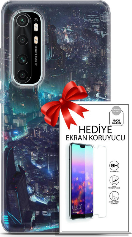 Xiaomi Mi Note 10 Lite Kılıf Orijinal Seri Cyberpunk 17 Işıklı Şehir Yumuşak Kılıf + Ekran Koruyucu