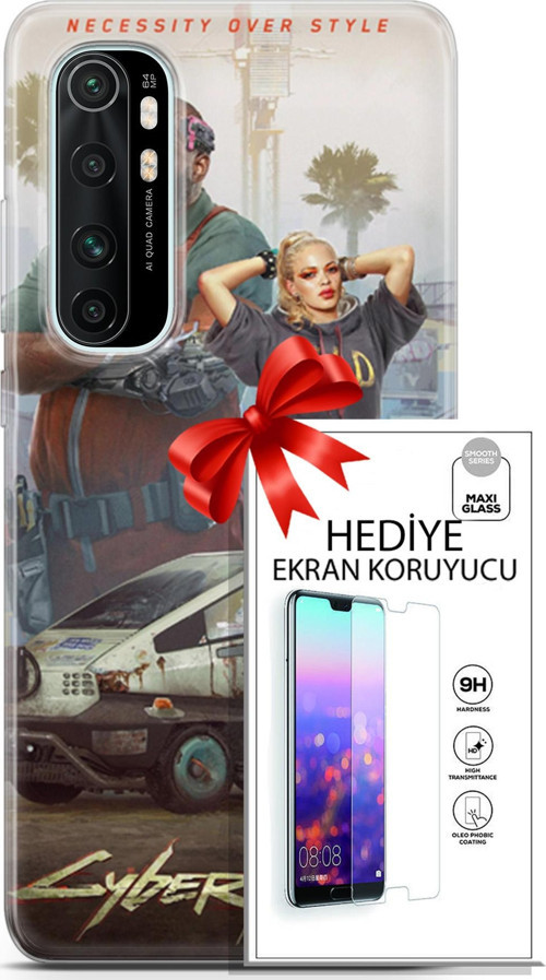 Xiaomi Mi Note 10 Lite Kılıf Orijinal Seri Cyberpunk 21 2077 Darbe Önleyici Kapak + Ön Ekran Koruyucu
