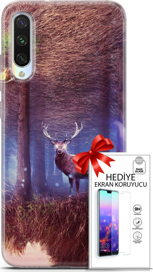 Xiaomi Mi A3 Kılıf Orijinal Seri Algorand 15 Büyük Boynuzlar Kalın Silikon + Ekran Koruyucu
