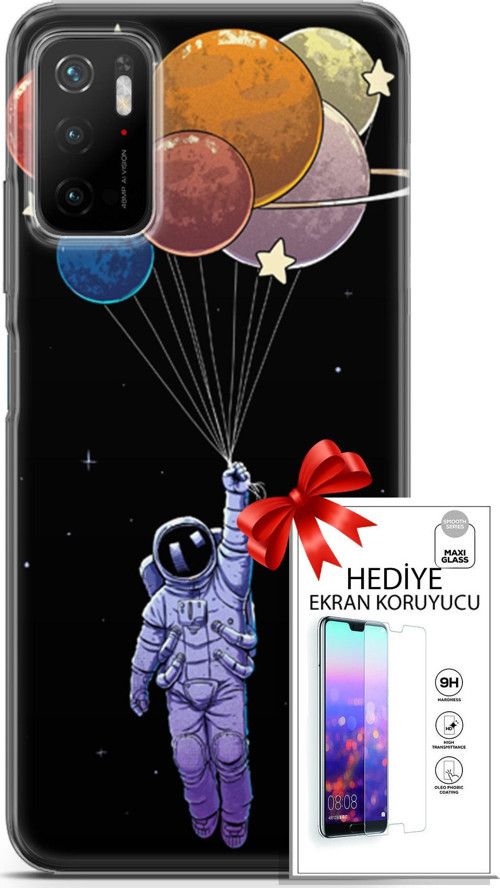 Xiaomi Poco M3 Pro 5G Kılıf Orijinal Seri Algorand 07 Uçan Balon Astronot Desenli Kılıf + Ön Ekran Koruyucu