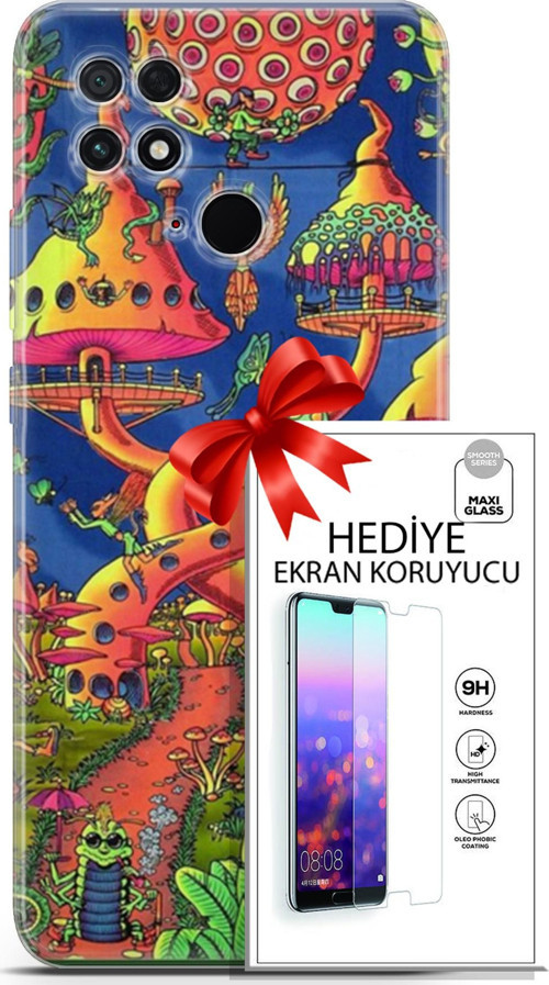 Xiaomi Poco C40 Kılıf Orijinal Seri Cardano 05 Mantar Evler Koruma Kılıfı + Ekran Koruyucu