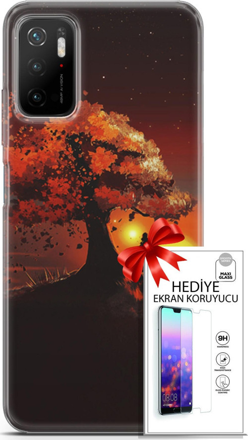 Xiaomi Poco M3 Pro 5G Kılıf Orijinal Seri Algorand 12 Ağaç Altında Tasarım Kılıf + Ekran Koruyucu