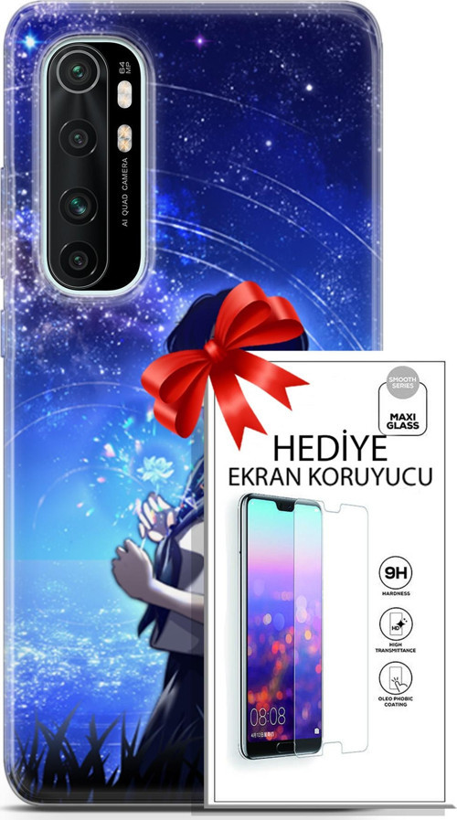 Xiaomi Mi Note 10 Lite Kılıf Orijinal Seri Fantasy 01 Çiçekli Kız Telefon Kılıfı + Ekran Koruyucu