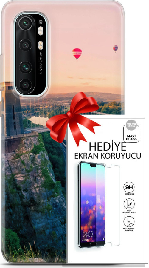 Xiaomi Mi Note 10 Lite Kılıf Orijinal Seri Fantasy 07 Köprü Balonlar Desenli Kılıf + Ön Ekran Koruyucu