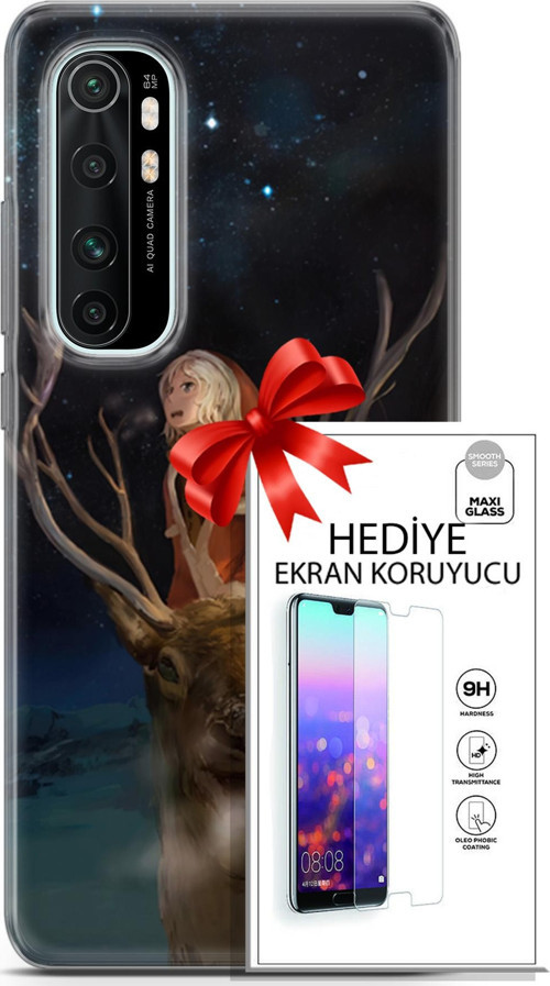 Xiaomi Mi Note 10 Lite Kılıf Orijinal Seri Fantasy 18 Geyik Kız Parlak Kılıf + Ekran Koruyucu Full Koruma