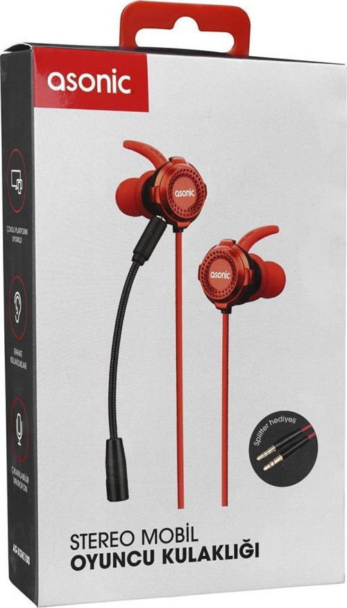 Asonic AS-XGK100 Splitter Hediyeli 3.5mm Gaming Kırmızı Kulak İçi Mikrofonlu Kulaklık