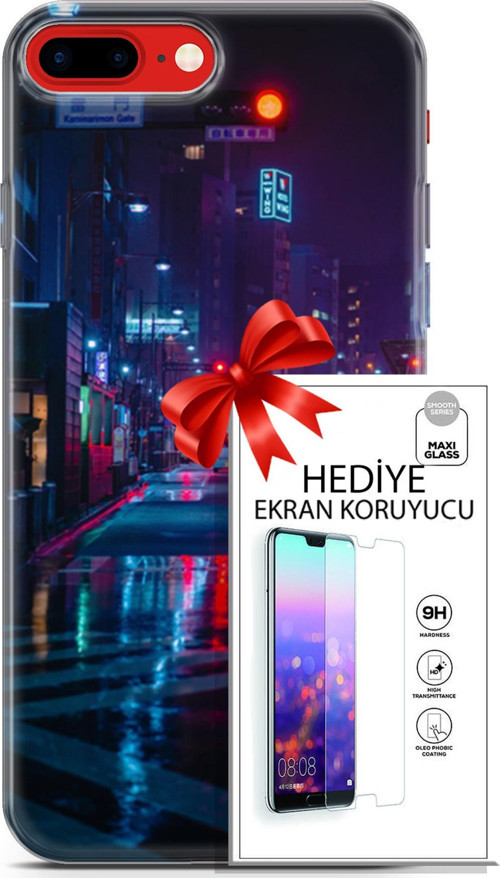 Apple İphone 7 Plus - 8 Plus Kılıf Orijinal Seri Cyberpunk 15 Neon Cadde Kalın Silikon + Ekran Koruyucu