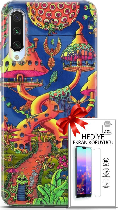 Xiaomi Mi A3 Kılıf Orijinal Seri Cardano 05 Mantar Evler Koruma Kılıfı + Ekran Koruyucu