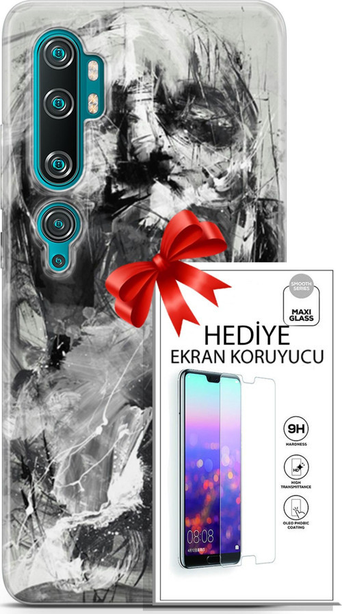 Xiaomi Mi Note 10 Kılıf Orijinal Seri Soul 30 Siyah Beyaz Kenarları Şeffaf Kapak Ve Ekran Koruyucu