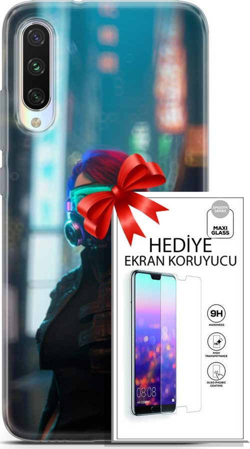 Xiaomi Mi A3 Kılıf Orijinal Seri Cyberpunk 04 Vr Glass Silikon Kılıf + Ekran Koruyucu Full Koruma