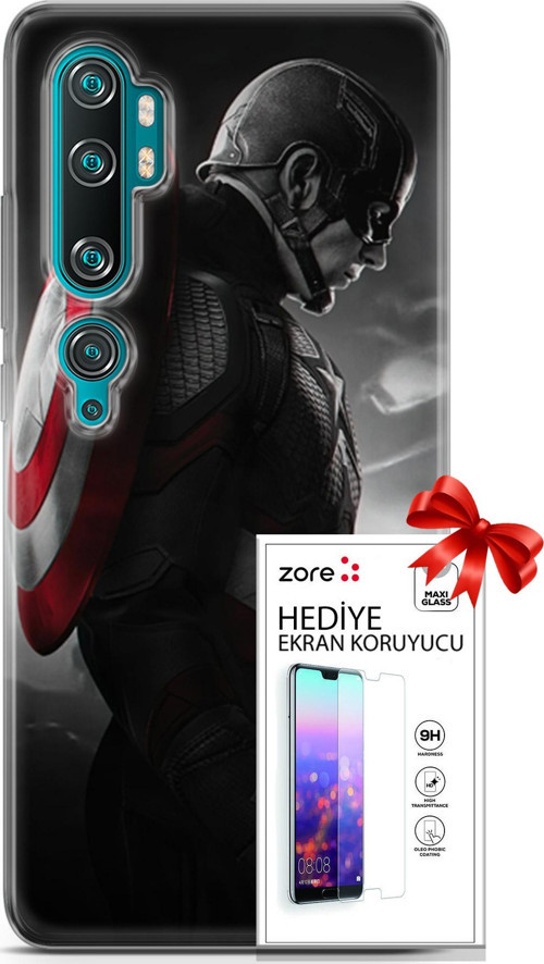 Xiaomi Mi Note 10 Kılıf Orijinal Seri Supers 18 Captain America Parlak Kılıf + Ekran Koruyucu Full Koruma