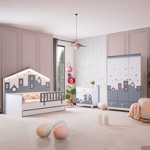 Montessori Çocuk Odası - City Montessori 3 Kapılı Dolap, Yavrulu Yatak, Şifonyer - Gri