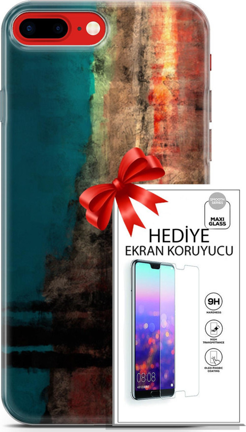 Apple İphone 7 Plus - 8 Plus Kılıf Orijinal Seri Nature 03 Yeşil Turuncu Taş Arka Kapak + Ekran Koruyucu