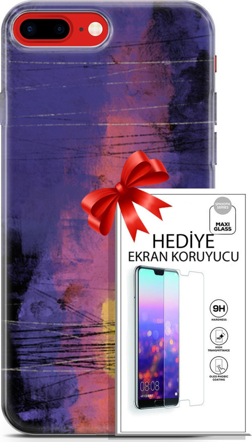 Apple İphone 7 Plus - 8 Plus Kılıf Orijinal Seri Nature 04 Mor Kırmızı Silikon Kılıf + Ekran Koruyucu