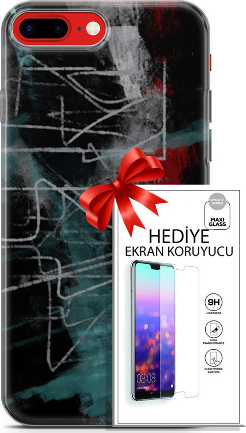 Apple İphone 7 Plus - 8 Plus Kılıf Orijinal Seri Nature 07 Gri Çizgiler Desenli Kılıf + Ön Ekran Koruyucu