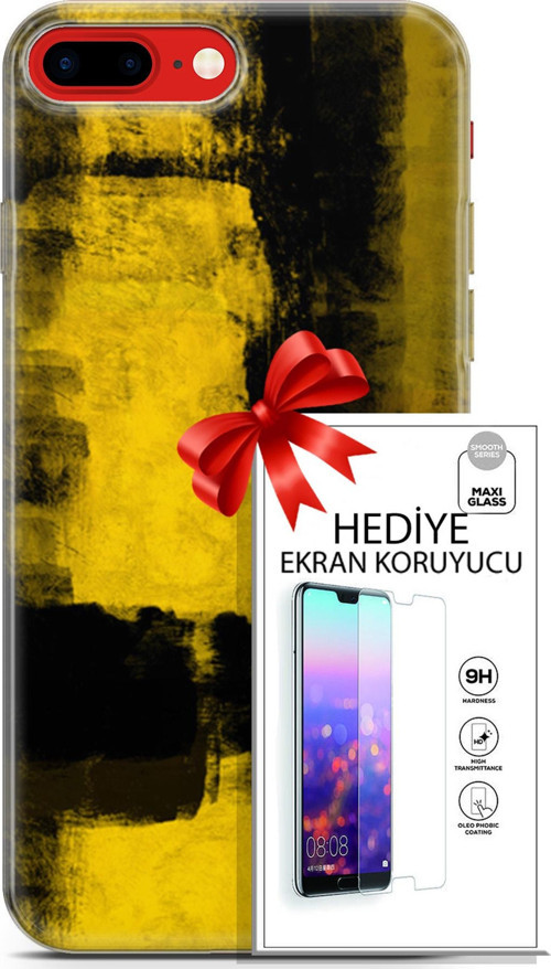 Apple İphone 7 Plus - 8 Plus Kılıf Orijinal Seri Nature 08 Sarı Siyah Baskılı Kılıf + Ekran Koruyucu