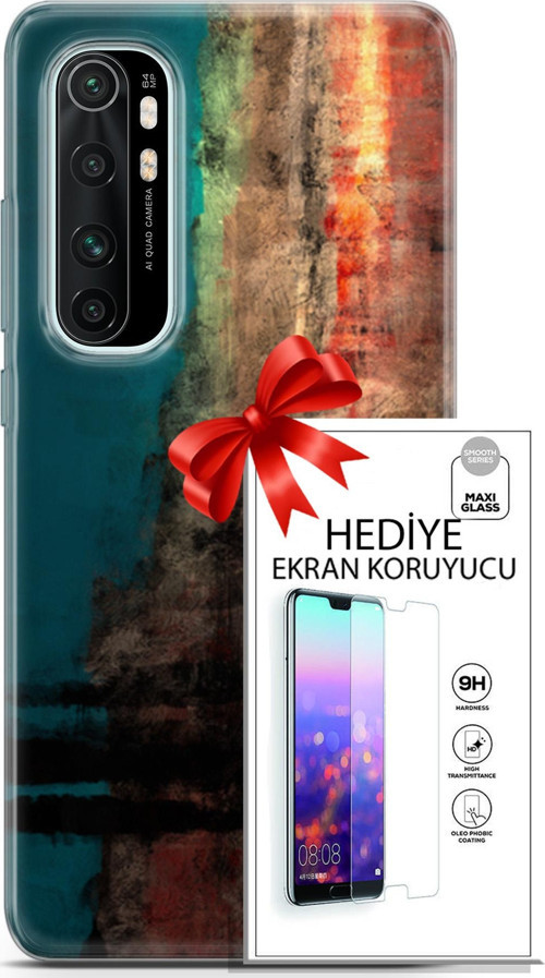 Xiaomi Mi Note 10 Lite Kılıf Orijinal Seri Nature 03 Yeşil Turuncu Taş Arka Kapak + Ekran Koruyucu