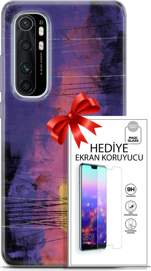 Xiaomi Mi Note 10 Lite Kılıf Orijinal Seri Nature 04 Mor Kırmızı Silikon Kılıf + Ekran Koruyucu Full