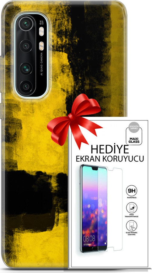Xiaomi Mi Note 10 Lite Kılıf Orijinal Seri Nature 08 Sarı Siyah Baskılı Kılıf + Ekran Koruyucu