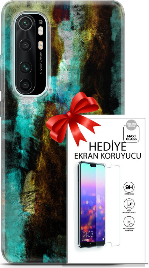 Xiaomi Mi Note 10 Lite Kılıf Orijinal Seri Nature 12 Kahve Yeşil Tasarım Kılıf + Ekran Koruyucu