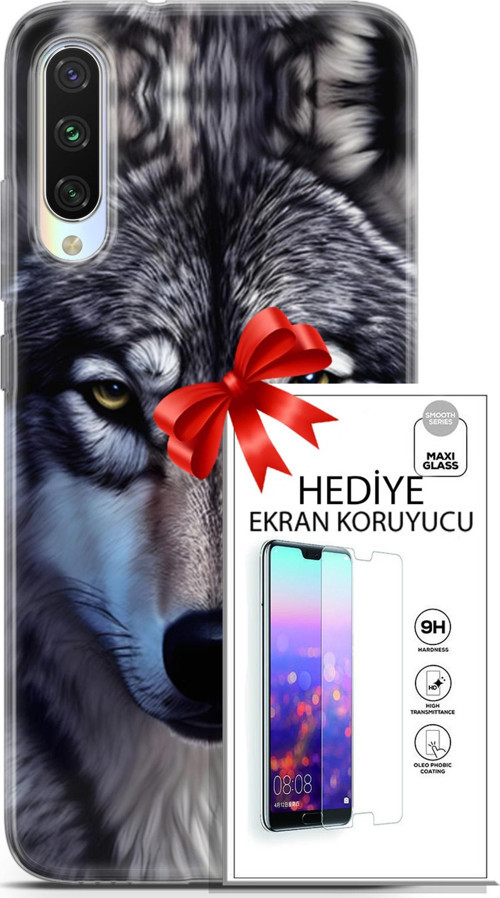 Xiaomi Mi A3 Kılıf Orijinal Seri Dogs 07 Kurt Yüz Desenli Kılıf + Ön Ekran Koruyucu
