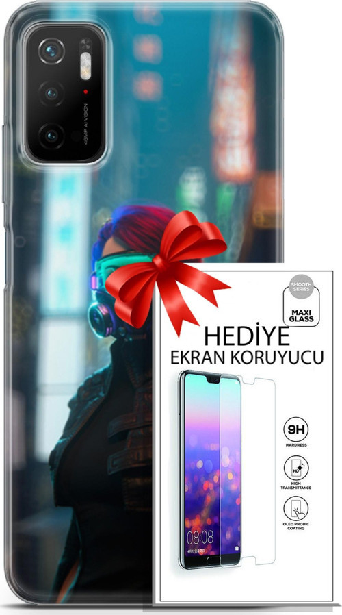 Xiaomi Poco M3 Pro 5G Kılıf Orijinal Seri Cyberpunk 04 Vr Glass Silikon Kılıf + Ekran Koruyucu Full