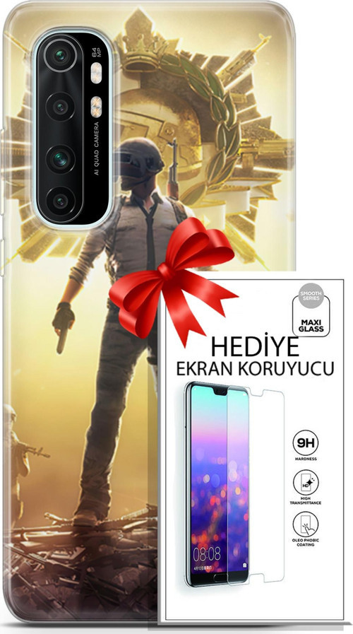 Xiaomi Mi Note 10 Lite Kılıf Orijinal Seri Pubg 08 Kasklı Baskılı Kılıf + Ekran Koruyucu