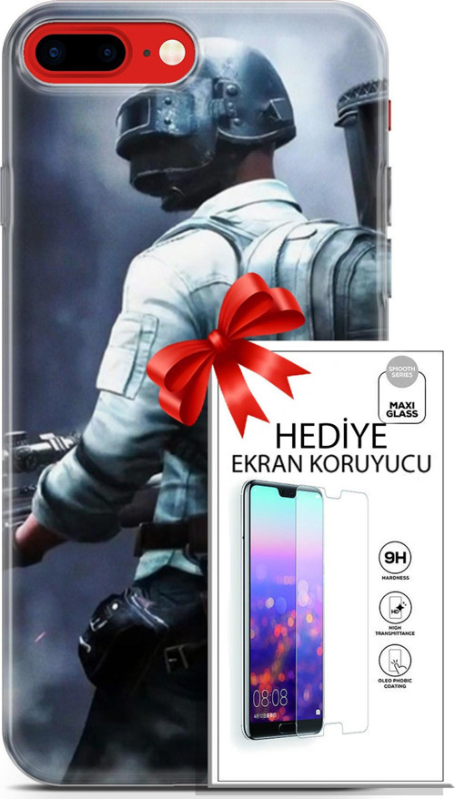 Apple İphone 7 Plus - 8 Plus Kılıf Orijinal Seri Pubg 11 Sırt Çantalı 4K Baskılı Kılıf + Ekran Koruyucu