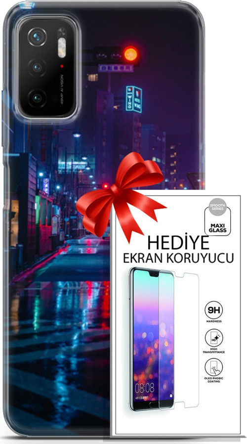 Xiaomi Poco M3 Pro 5G Kılıf Orijinal Seri Cyberpunk 15 Neon Cadde Kalın Silikon + Ekran Koruyucu