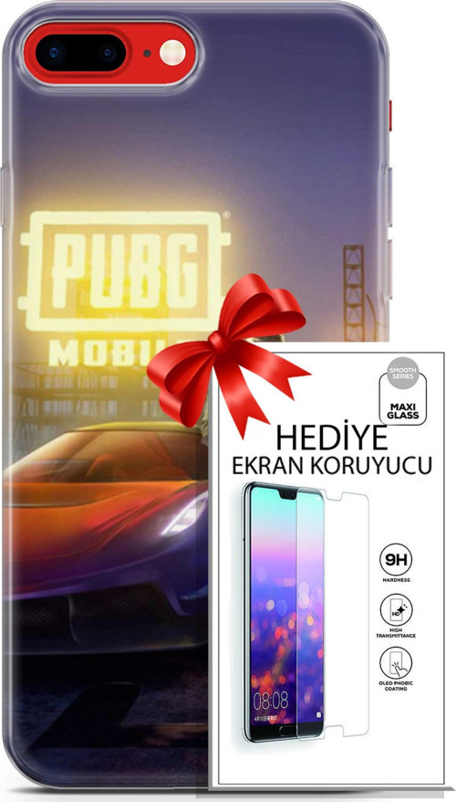 Apple İphone 7 Plus - 8 Plus Kılıf Orijinal Seri Pubg 17 Arabalı Yumuşak Kılıf + Ekran Koruyucu