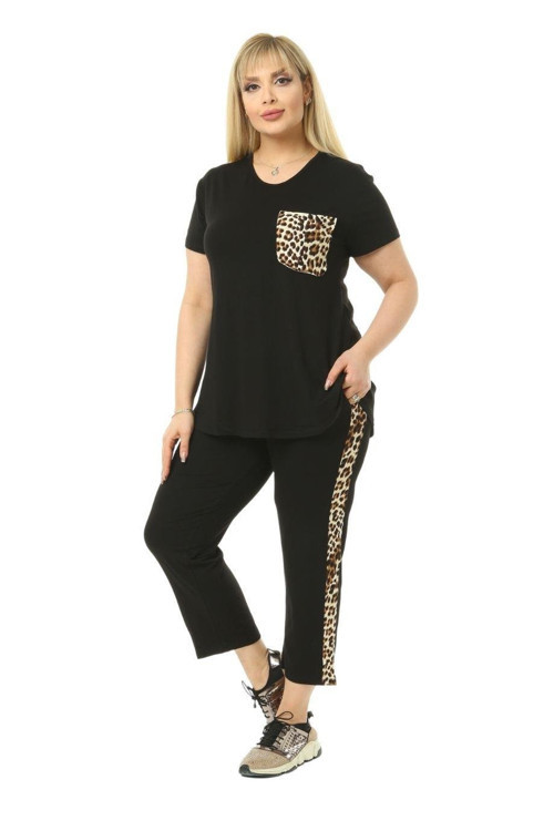 Butik Siyah Leopar Cep Büyük Beden Kadın Kapri Takımı