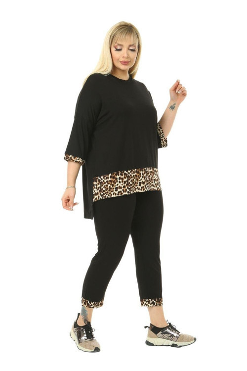 Butik Siyah Leopar Şeritli Büyük Beden Kadın Kapri Takımı