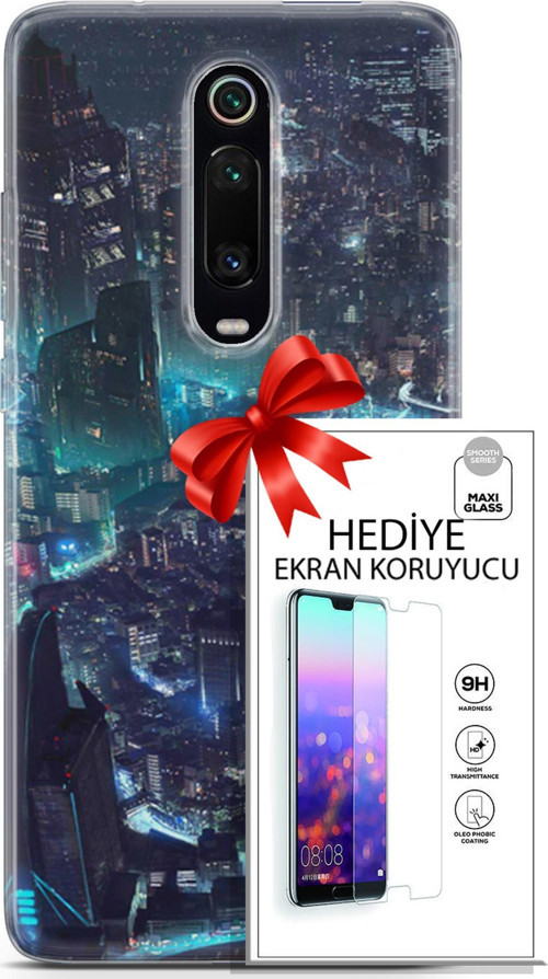 Xiaomi Mi 9T Pro Kılıf Orijinal Seri Cyberpunk 17 Işıklı Şehir Yumuşak Kılıf + Ekran Koruyucu