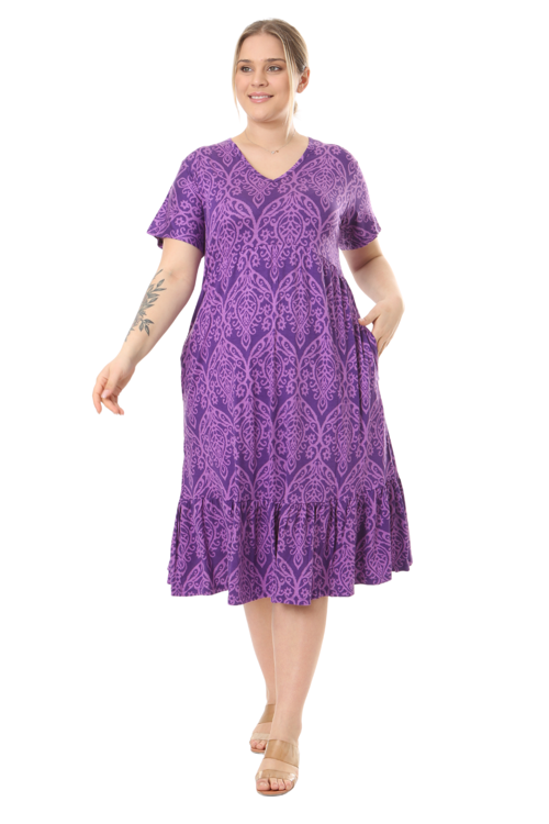 Butik Göğüsten Robalı V Yaka Kısa Kollu Mor Dantel Desenli Cepli Elbise