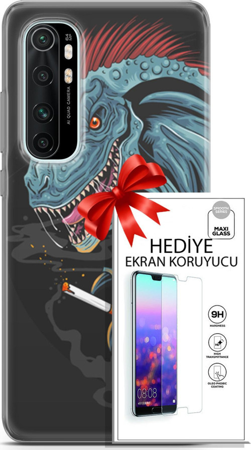 Xiaomi Mi Note 10 Lite Kılıf Orijinal Seri Punky 19 Dinozor Punk Tam Koruma Kılıf + Ekran Koruyucu