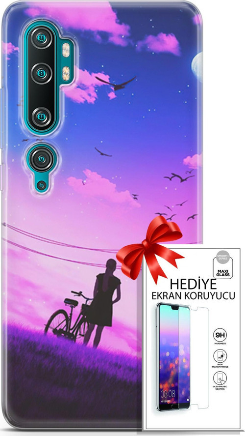 Xiaomi Mi Note 10 Kılıf Orijinal Seri Algorand 28 Bisikletli Kız İz Bırakmayan Kılıf + Ön Ekran Koruyucu