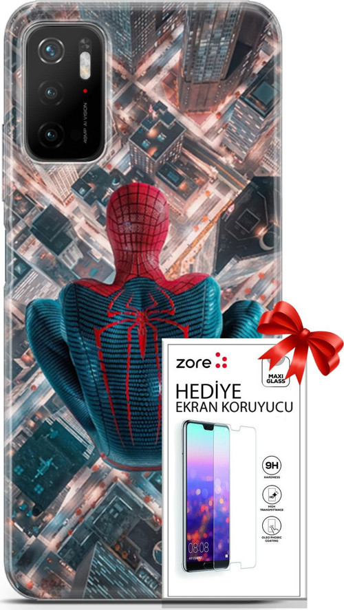 Xiaomi Poco M3 Pro 5G Kılıf Orijinal Seri Supers 07 Spider Man Newyork Desenli Kılıf + Ön Ekran Koruyucu