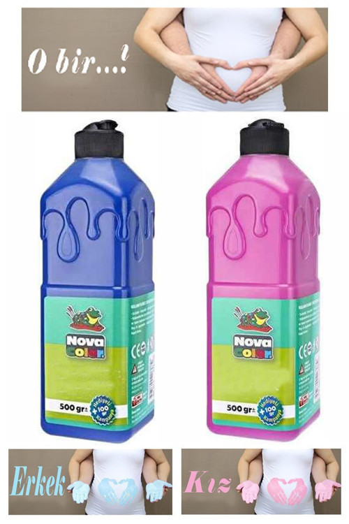 Mavi Pembe Cinsiyet Belirleme Parmak Boyası 1 Adet 500 ml Kız Cinsiyet Açıklama Boyası Yıkanabilir Nova Color Zararsız