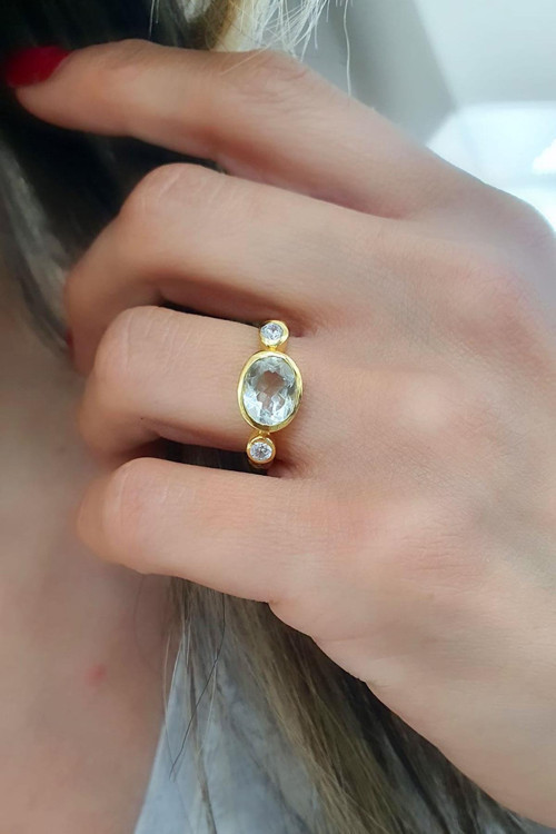 Mavi topaz ve Zirkon taş detaylı 925ayar gümüş üzerine altın kaplama tasarım Doğal Taş yüzük