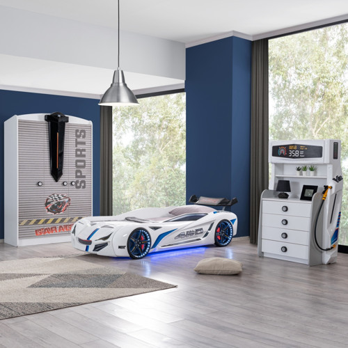 Çocuk Odası - Mercedes Rüzgarlıklı Arabalı Yatak - Sport 3 Kapılı Dolap - Şifonyer