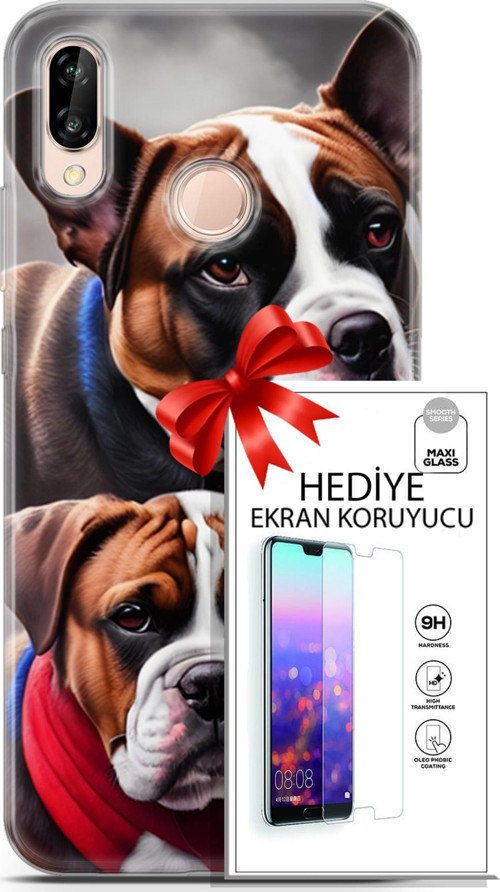 Huawei P20 Lite Kılıf Orijinal Seri Dogs 25 Alman Boksör Soyulmayan Kılıf + Ekran Koruyucu Full Koruma